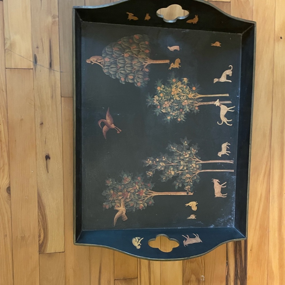 Decorative Black Tray with Animal and Tree Design